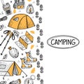 Banner with elements of hiking life on a white background. Hiking. Hiking. Camping emblem with mountains. Tents, compass