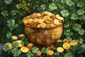 banner that embodies the spirit of St. Patrick& x27;s Day. a pot of gold coins surrounded by vibrant clover leaves