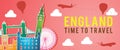 Banner of England famous landmark silhouette colorful style,plane and balloon fly around with cloud