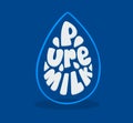 Banner with Falling Drop and Pure Milk Typography on Blue Background. Healthy Drinking Poster, Pictogram