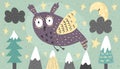 Banner with a fantasy owl flying at night Royalty Free Stock Photo