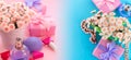 Banner Fashion women accessories cosmetics flowers bouquet gift box bow cocktail on pink background gradient blue top view fla tla