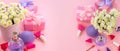 Banner Fashion women accessories cosmetics flowers bouquet gift box bow cocktail on pink background top view flat lay copy space