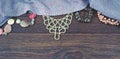 Banner Fashion women& x27;s jewelry accessories choker beads bracelet retro style textured scarf Top view flat lay copy space