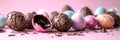 A banner featuring Easter-painted eggs in a cracked chocolate eggshell on a pink background Royalty Free Stock Photo