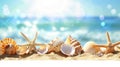 A banner featuring seashells and starfish scattered on a sandy beach, set against a backdrop of blurred sea water and Royalty Free Stock Photo