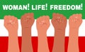 Banner with female hands clenched into a fist and the slogan - Woman, life, freedom. Royalty Free Stock Photo