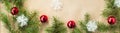 Banner of Festive christmas border with red balls on fir branches and snowflakes on rustic beige background Royalty Free Stock Photo