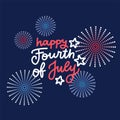 Banner with festive fireworks in honor of Independence day. Greeting Card for Fourth July. Vector flat Illustration with lettering