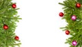 Banner. Fir branches on a white isolated background. Christmas toys