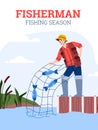 Banner for fishing season with fisherman character, flat vector illustration.