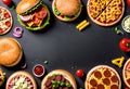 banner flat lay with copy space burger, hot dog and pizza on black background Royalty Free Stock Photo