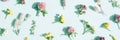 Banner flower composition. Trendy floral pattern made of wild field flowers with shadows over mint background