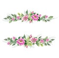 Banner with flowering pink roses names: dog rose, rosa canina, Japanese rose, Rosa rugosa, sweet briar, eglantine Royalty Free Stock Photo