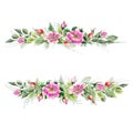 Banner with flowering pink roses names: dog rose, rosa canina, Japanese rose, Rosa rugosa, sweet briar, eglantine