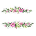 Banner with flowering pink roses names: dog rose, rosa canina, Japanese rose, Rosa rugosa, sweet briar, eglantine Royalty Free Stock Photo