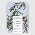 Banner with flowers end leafs. Wedding invitation succulent and eucalyptus