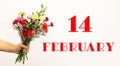 Banner with flowers handed by boyfriend, white background, text February 14, valentine day, showing love