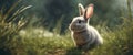 Banner fluffy bunny in a green garden on a sunny day Easter animals background.