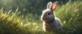 Banner fluffy bunny in a green garden on a sunny day Easter animals background.