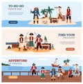 Banner or flyers for pirate adventure party or quest, flat vector illustration. Royalty Free Stock Photo