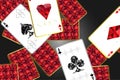 Banner with four aces and a specific outline and suits.In the background, a red card cover with a specific ornament.Vector illuctr