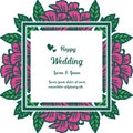 Banner frame, lettering of happy wedding, with crowd of cute flowers. Vector