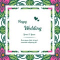 Banner frame, lettering of happy wedding, with crowd of cute flowers. Vector