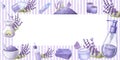 Banner frame violet stripes lavender flowers, essential oil, cosmetics, soap. Hand drawn watercolor illustration Royalty Free Stock Photo