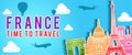 Banner of France famous landmark silhouette colorful style,plane and balloon fly around with cloud