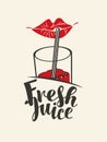 Banner for fresh juice with lips glass and straw