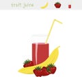 Banner Fruit juice. A glass of juice, yellow straw, banan, red strawberry on white background