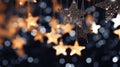 Banner with a garland of shiny stars made of gold paper, Christmas background with bokeh lights Royalty Free Stock Photo