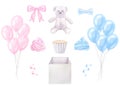Banner Gender reveal party, baby shower, boy or girl. Blue pink balloons, bow, cream cupcake. Hand drawn watercolor