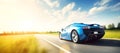 Banner of a generic and unbranded blue sport car running in sunset, ai generative illustration Royalty Free Stock Photo