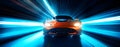 Banner of a generic and unbranded orange sport car running in a tunnel, ai generative illustration