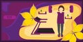 Banner with a strong girl with dumbbells in the background treadmill, page for fitness, gym, vector illustration