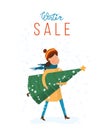 Banner with a girl hurrying for a great Christmas sale