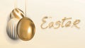 Banner with golden eggs and greeting text Happy Easter. Realistic vector illustration for web, posters Royalty Free Stock Photo