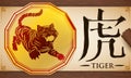 Scroll with Medal with Chinese Zodiac Tiger over Wooden Background, Vector Illustration