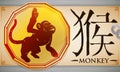 Scroll with Medal with Chinese Zodiac Monkey over Metal Background, Vector Illustration