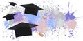 Banner with graduation caps and color splashes and blots. Background with copy space. Vector illustration