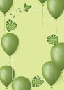 Banner with green balloons and leaf on greenery background. Copy space for your text.