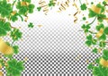 Banner with Green Four and on sparkling dark green clover shamrock leaves background. Abstract Irish holiday backdrop or poster. Royalty Free Stock Photo
