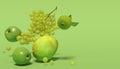 Banner with green fruits on a green background with free space for text. Composition of bunches of grapes, apples, mango and llime