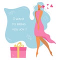 Banner, greeting card, in gentle pastel colors. Cute girl, woman with a gift and hearts. Signature. I want to bring you Royalty Free Stock Photo
