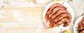 Banner with Grilled big tiger shrimps prawns on white plate Royalty Free Stock Photo