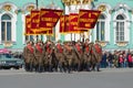 Banner group in the form of soldiers of the great Patriotic war with banners military fronts. Rehearsal of parade in honor of