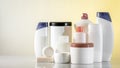 Banner Hair and body care cosmetics white bottles on white background Copy space selective focus