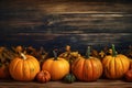 leaf wood halloween pumpkin autumnal season orange background autumn fall wooden. Generative AI. Royalty Free Stock Photo